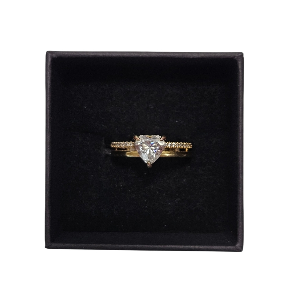 Pandora Shine Gold Double Band Heart CZ Ring Size 56 US 7.5